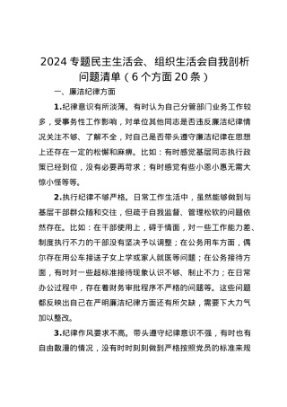 2024专题民主生活会、组织生活会自我剖析问题清单（6个方面20条）.docx