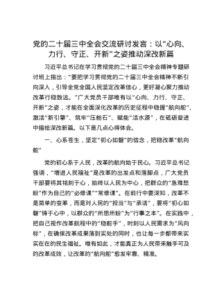 X的二十届三中全会交流研讨发言：以“心向、力行、守正、开新”之姿推动深改新篇.docx