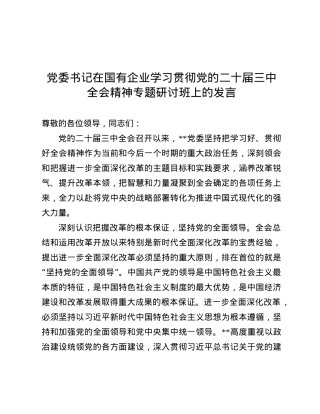 X委书记在国有企业学习贯彻X的二十届三中全会精神专题研讨班上的发言.docx
