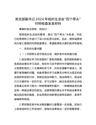 X支部副书记2024年组织生活会“四个带头”对照检查发言材料.docx