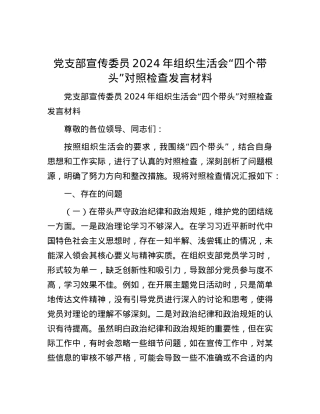 X支部宣传委员2024年组织生活会“四个带头”对照检查发言材料.docx