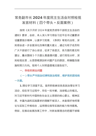 常务副市长2024年度民主生活会对照检视发言材料（四个带头＋反面案例）.docx