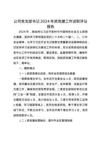 公司党支部书记2024年抓党建工作述职评议报告.docx