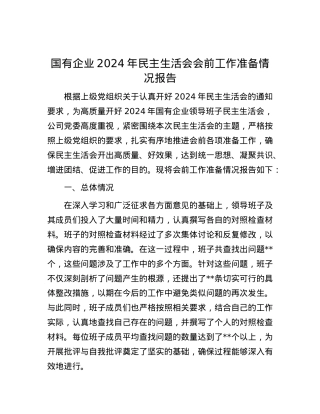 国有企业2024年民主生活会会前工作准备情况报告.docx