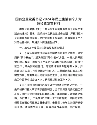国有企业X委书记2024年民主生活会个人对照检查发言材料.docx