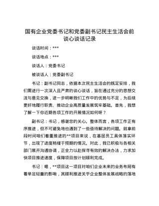 国有企业X委书记和X委副书记民主生活会前谈心谈话记录.docx