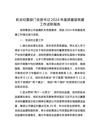 机关纪委部门支部书记2024年度抓基层X建工作述职报告.docx