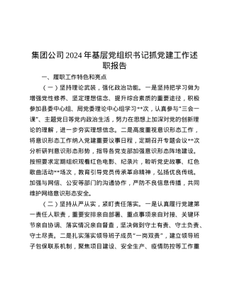 集团公司2024年基层X组织书记抓X建工作述职报告.docx