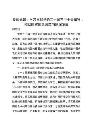 党课讲稿：学习贯彻党的二十届三中全会精神，推动国资国企改革向纵深发展.docx