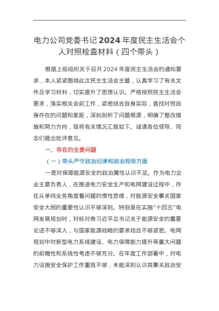 电力公司党委书记2024年度民主生活会个人对照检查材料（四个带头）.docx