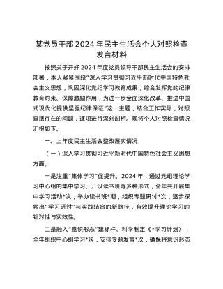 某党员干部2024年民主生活会个人对照检查发言材料.docx