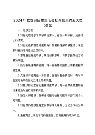 2024年党支部民主生活会批评意见的五大类50条.docx