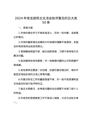 2024年X支部民主生活会批评意见的五大类50条.docx