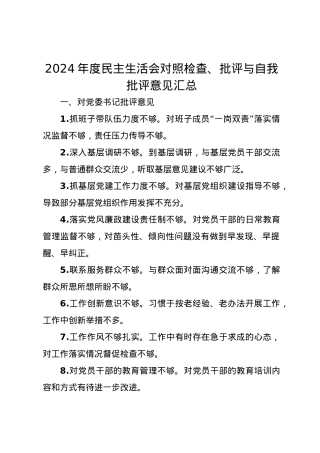 2024年度民主生活会对照检查、批评与自我批评意见汇总.docx