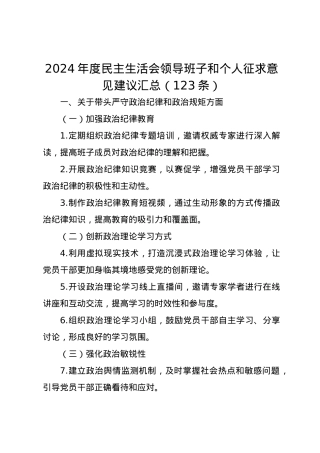 2024年度民主生活会领导班子和个人征求意见建议汇总（123条）（四个带头）.docx