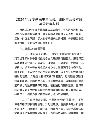2024年度专题民主生活会、组织生活会对照检查发言材料 (2).docx