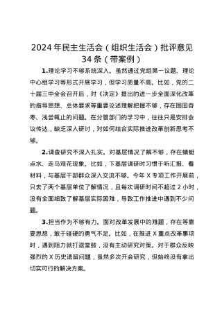 2024年民主生活会（组织生活会）批评意见34条（带案例）.docx