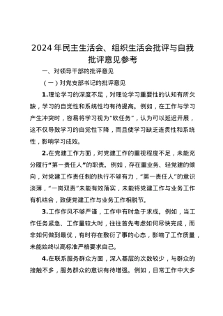 2024年民主生活会、组织生活会批评与自我批评意见参考.docx