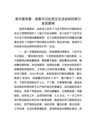 某市委常委、县委书记在民主生活会前的研讨发言提纲.docx