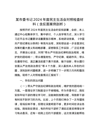 某市委书记2024年度民主生活会对照检查材料（含反面案例剖析）.docx