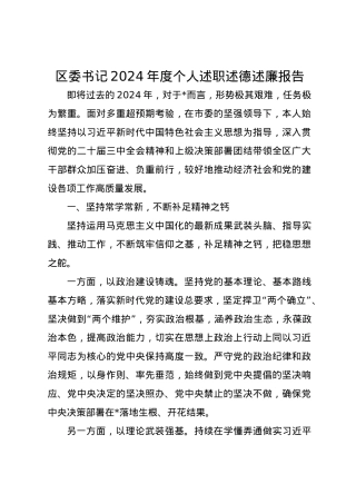区委书记2024年度个人述职述德述廉报告.docx