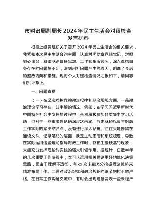 市财政局副局长2024年民主生活会对照检查发言材料.docx