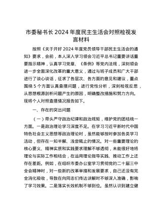 市委秘书长2024年度民主生活会对照检视发言材料.docx