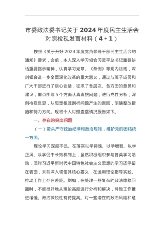市委政法委书记关于2024年度民主生活会对照检视发言材料（四个带头＋1）.docx