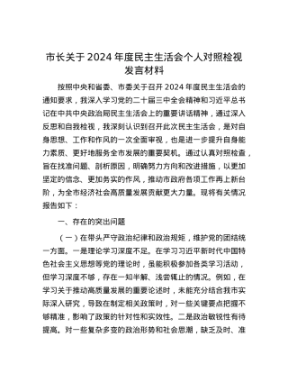 市长关于2024年度民主生活会个人对照检视发言材料.docx
