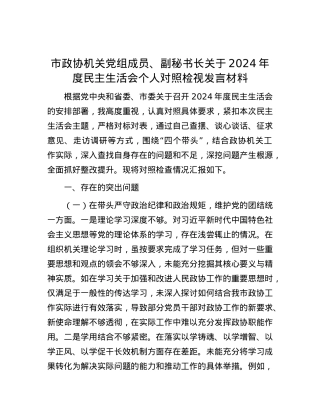 市政协机关X组成员、副秘书长关于2024年度民主生活会个人对照检视发言材料.docx