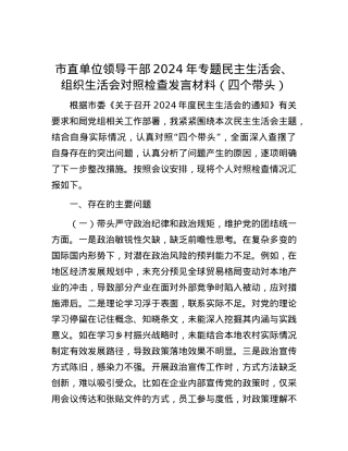 市直单位领导干部2024年专题民主生活会、组织生活会对照检查发言材料（四个带头）.docx
