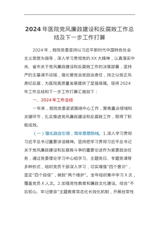 2024年医院党风廉政建设和反腐败工作总结及下一步工作打算.docx
