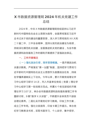 X市数据资源管理局2024年机关党建工作总结.docx