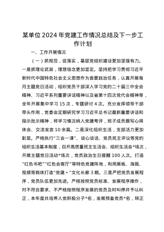 某单位2024年党建工作情况总结及下一步工作计划.docx