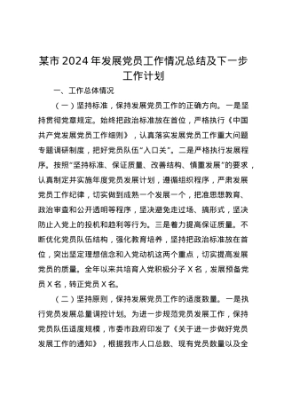 某市2024年发展党员工作情况总结及下一步工作计划.docx
