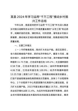 某县2024年学习运用“千万工程”推动乡村振兴工作总结.docx