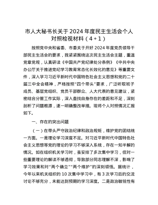市人大秘书长关于2024年度民主生活会个人对照检视材料（4＋1）.docx