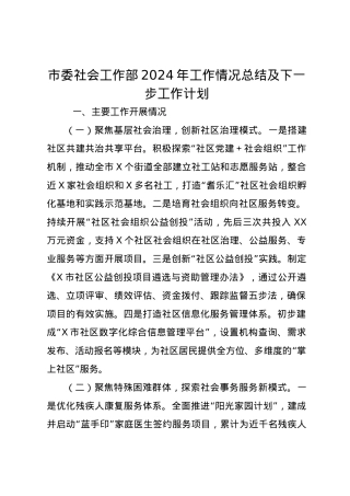 市委社会工作部2024年工作情况总结及下一步工作计划.docx