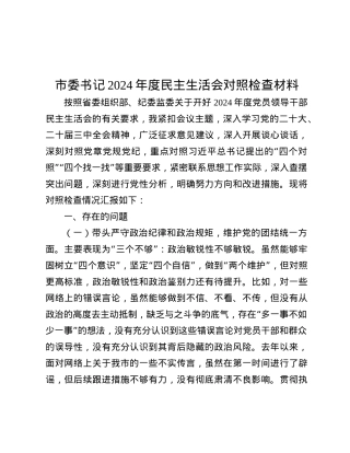 市委书记2024年度民主生活会对照检查材料.docx