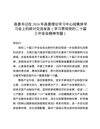 县委书记在2024年县委理论学习中心组集体学习会上的研讨交流发言（学习贯彻X的二十届三中全会精神专题）.docx