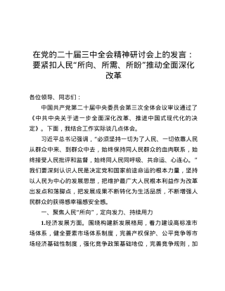 在X的二十届三中全会精神研讨会上的发言：要紧扣人民“所向、所需、所盼”推动全面深化改革.docx