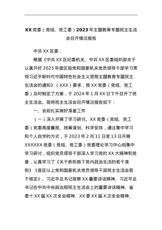 XX党委（党组、党工委）2023年主题教育专题民主生活会召开情况报告.docx