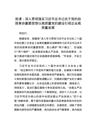 党课：深入贯彻落实习近平总书记关于党的自我革命重要思想 以高质量党的建设引领企业高质量发展.docx