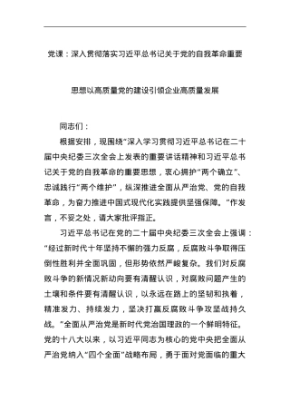 党课：深入贯彻落实习近平总书记关于党的自我革命重要思想以高质量党的建设引领企业高质量发展.docx