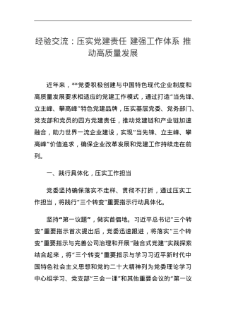 经验交流：压实党建责任 建强工作体系 推动高质量发展.docx