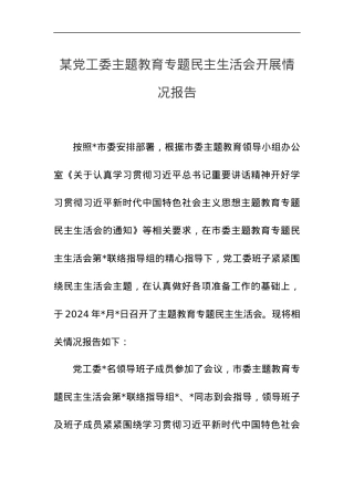 某党工委主题教育专题民主生活会开展情况报告.docx