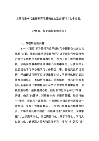 乡镇党委书记主题教育专题民主生活会资料（七个方面、政绩观、反面典型案例剖析）.docx