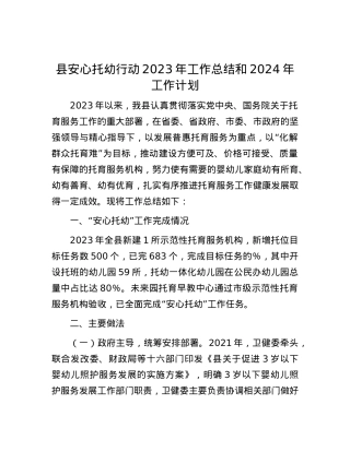 县安心托幼行动2023年工作总结和2024年工作计划.docx