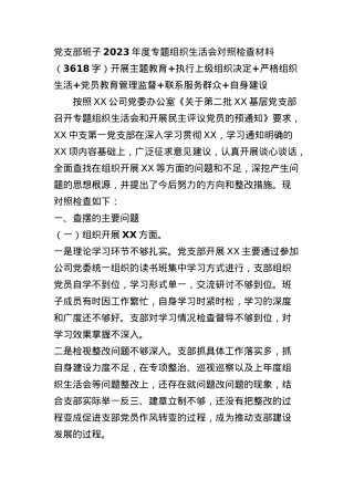 （支部班子）2023年度主题教育专题组织生活会对照检查材料（开展主题教育+执行上级组织决.docx