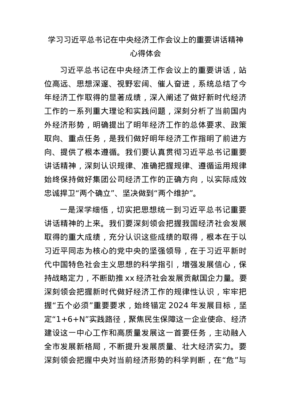 经济工作会议上的重要讲话精神心得体会发言.docx_第1页
